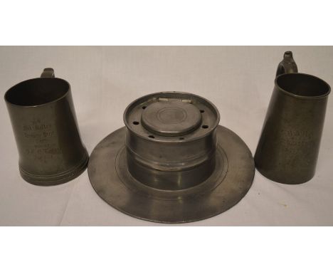 3 pieces of pewter; BARC (possibly Brooklands Automobile Racing Club) Gosling Trophy 9th July 1927, 18th Mid Rifles 1871 &amp