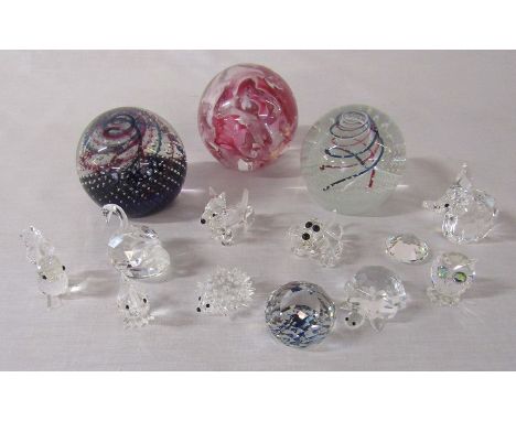 Assorted Swarovski and similar crystal animals etc (squirrel af and hedgehog missing 2 spikes) &amp; 3 paperweights inc Caith