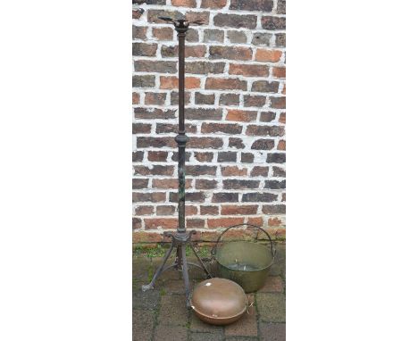 Brass jam pan, copper bed warmer &amp; a paraffin lamp stand