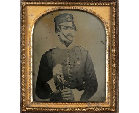 * Sixth-plate ambrotype of a British officer, probably Staffordshire Regiment, late 1850s, half-length, wearing a pill box ha