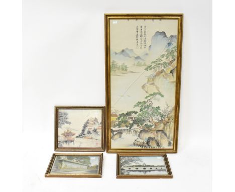 Four contemporary woven panels depicting various landscapes, some with scripture and seal marks, the largest 79 x 39cm, all f