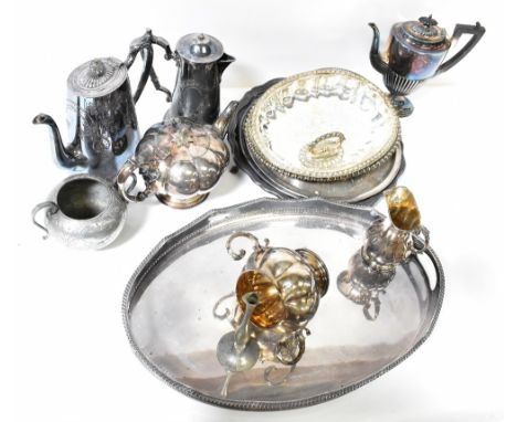 Various electroplated items to include a three-piece tea set with gilt interior, coffee pot, entrée dish and cover, baskets, 