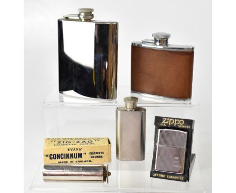 Various collectibles to include three hip flasks, one with leather covered body, a Zigzag cigarette roller and a Zippo-style 