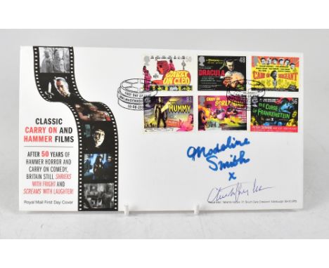 CLASSIC 'CARRY ON' & HAMMER FILMS; a first day cover bearing the signatures of Christopher Lee and Madeleine Smith.We have no