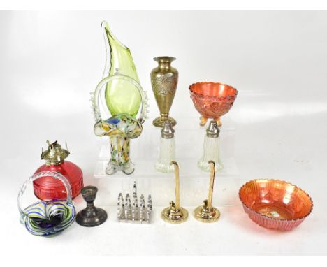 A quantity of mixed metalware to include vases, flatware, candlesticks, etc, a quantity of mixed glassware to include carniva
