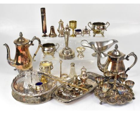 Various items of tableware, swing-handled basket, part tea service, circular egg cup stand with quantity of egg cups, various