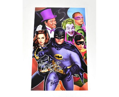 BATMAN; a reproduced oversized coloured photograph bearing the signatures of Adam West and Lee Meriwether, 40.5 x 30cm.We hav