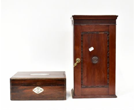 A 19th century rosewood travelling box converted to a velvet lined jewellery box with inlaid mother of pearl geometric shapes