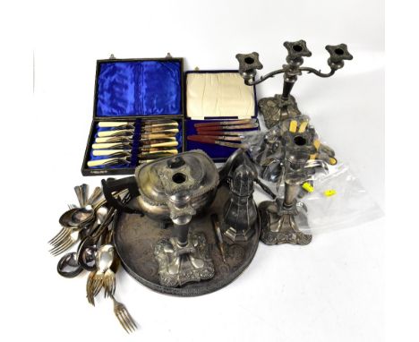 A quantity of various metalware, to include cutlery sets, silver plated cutlery, tea sets, sugar sifters, candlesticks, trays