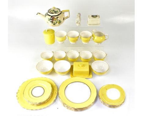 A quantity of vintage Colclough 'Primrose' yellow gilt-heightened teaware including sandwich plate, small plates, cups, sauce