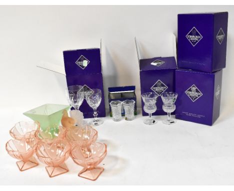 A quantity of boxed Edinburgh Crystal drinking glasses to include wine glasses with hobnail base and etched thistle design, a