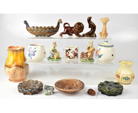 A large quantity of Wade and Wade-style whimsies, a quantity of Bunnykins figures, Carltonware preserve pot, Carltonware leaf