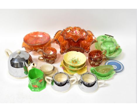 A quantity of mixed ceramics and glassware to include carnival glass bowls, a quantity of mainly Carltonware, pin dishes, bow
