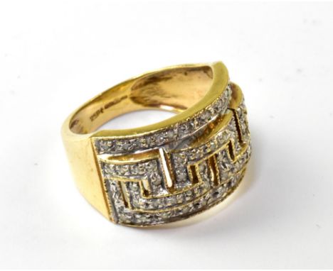 A 9ct yellow gold dress ring in the Art Deco style, with geometric pavé set diamonds, size K, approx 4.1g.