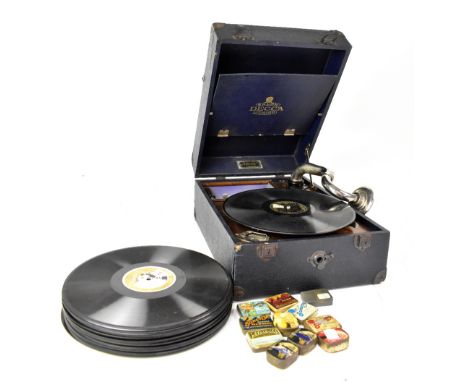 An early 20th century Decca wind-up gramophone with a small quantity of 78rpm records to include 'I Dream of Lilac Time', 'Un