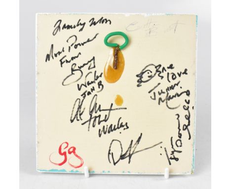 BOB MARLEY AND THE WAILERS; a hand painted square section tile bearing several signatures of members of The Wailers (not incl