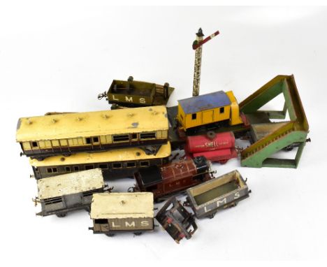 HORNBY; a quantity of O gauge tinplate clockwork model railway items to include LMS 70 Loco, coaches, flatbed wagons, a snow 