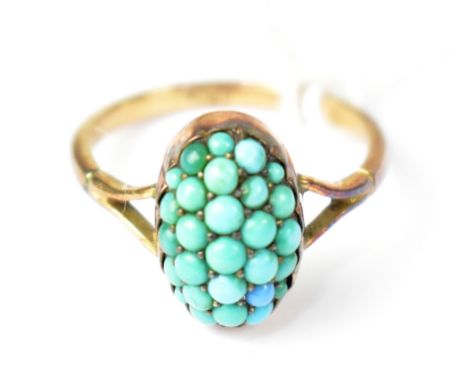 A 15ct rose gold ring set with turquoise prunts, stamped '15CT', size M1/2, approx 2.7g.