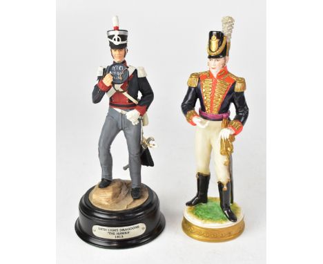 Two porcelain military figures, the more recent inscribed 'The 14th Light Dragoons, The Hawks 1813' hand made by Ballantynes 
