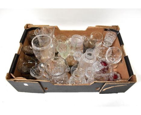 A quantity of mixed glassware to include cut glass and crystal, Stewart wine glasses, whisky tumblers, a large crystal vase w