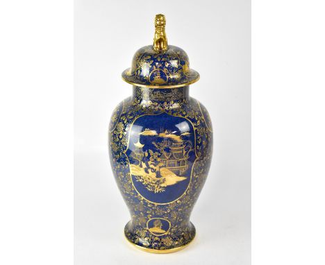A large European porcelain covered ginger jar of baluster form, with mottled blue ground and printed gilt Chinoiserie decorat