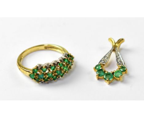 A 9ct yellow gold ring, platform set with small green stones and tiny diamond chips and a similar drop pendant with tiny diam