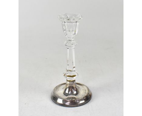 An Elizabeth II crystal column candlestick with hallmarked silver base, B &amp; Co Ltd, Birmingham 2004, height 16cm.