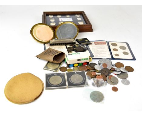 Various mixed collectibles to include coins, Victory harmonica, modern pocket watch, a cased set of nine World Cup USA 94 Col