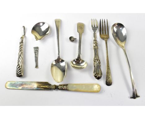 Eight items of various hallmarked silver cutlery to include a scone knife with mother of pearl handle, teaspoons and fork, al