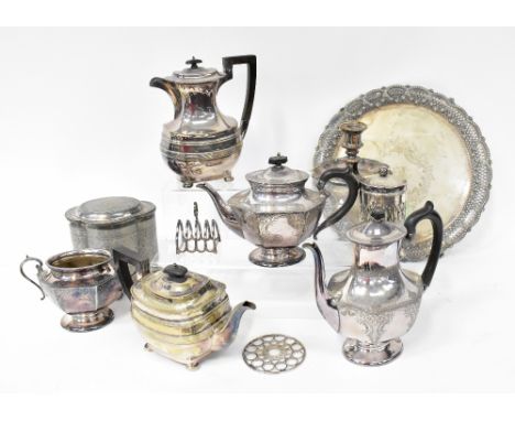 A small quantity of silver plated items to include a circular salver with a pierced border, a three-piece tea service includi