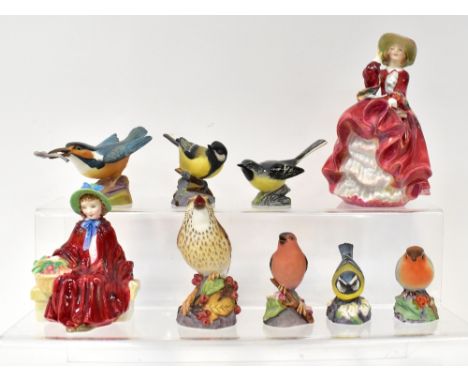 A Royal Doulton figure HN1834 'Top O The Hill', together with HN2106 'Linda', and six Royal Worcester models of birds compris