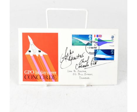 CONCORDE INTEREST; a first day cover signed by pilot Mike Bannister, and a postcard of the Laker Airways DC10 Skytrain inscri