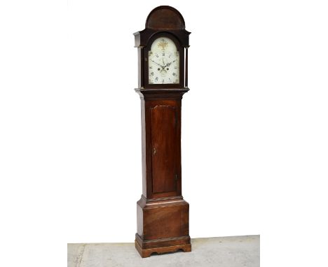 J BATH, CIRENCESTER; a 19th century oak eight day longcase clock with arched pediment above a white enamelled arched 12'' dia