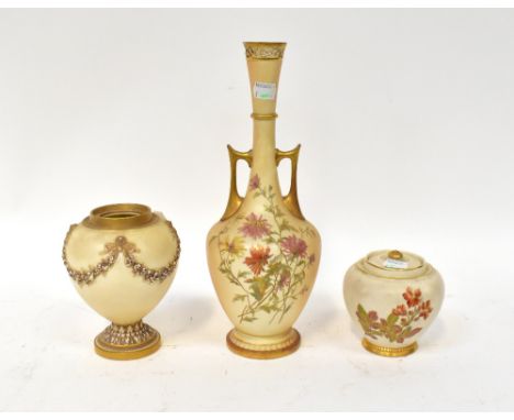 ROYAL WORCESTER; three blush ware pieces comprising a twin-handled vase with slender neck, painted with chrysanthemums with g