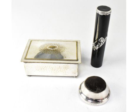 A Victorian ebonised and hallmarked silver hat pin case, silver lettering 'Hatpins', and silver rim to the top, London 1900, 