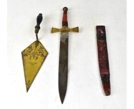 A Masonic dagger with sheath and leather grip, with Masonic engraving to the blade and, 'De Grey and Ripon Chapter 1356', len