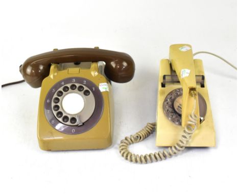 Two vintage telephones, a BT 71K/ATS, in pale sage green and brown, and a Tele Post Office 2/722F FDI batch sampled FWR75/2 (