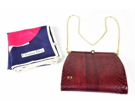 CHRISTIAN DIOR; a c1960s abstract design navy, white and cerise scarf with Christian Dior label and logo, 72 x 72cm and a vin
