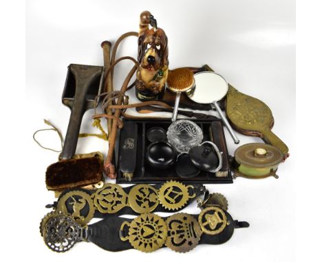 A collectors' lot of various modern, vintage and antique collectibles, to include two leather horse brasses, brass-clad decor