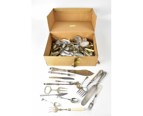 A collection of various modern, vintage and antique silver plated cutlery, flatware, etc, to include bread fork, serving impl
