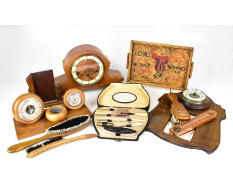 Various vintage collectibles to include a 1930s German eight day Bentino Art Deco chiming mantel clock, an oak desk set compr