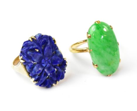 A 9ct yellow gold ladies' dress ring set with floral carved lapis plaque to the top, size J, and a yellow metal ring with lar