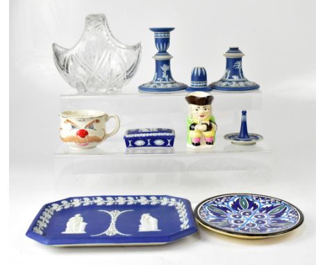 A small quantity of ceramics to include Wedgwood dark blue jasperware, a dressing table tray with ring tree, trinket box and 