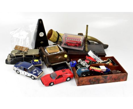 Various collectibles to include diecast vehicles, model trains, a folk art handmade model steam liner boat, drawing set, beam