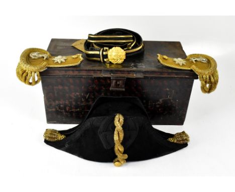 A Naval bicorne hat, matching epaulettes and belt belonging to Lt. Cdr Jack Llewelyn Davies RN, the epaulettes with applied s