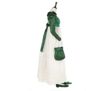 A green satin and whitework ensemble, circa 1820, the spencer bodice in two shades of green satin, with puffed mancherons, tr