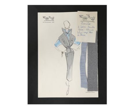 Three Maggy Rouff watercolour sketches, circa 1956, comprising: 'Carita', two-piece ensemble in grey flannel with striped blo