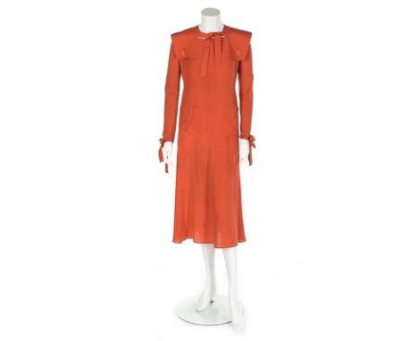 A Jeanne Lanvin couture coral silk crêpe de chine day dress, Winter 1933-34, large woven dated label, no 50538, with rectangu