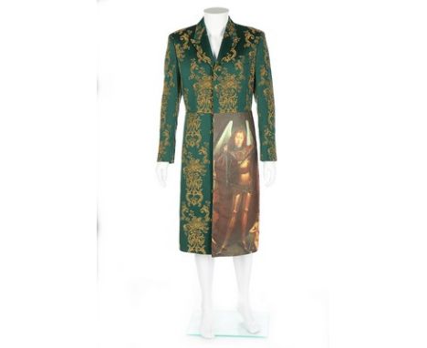 An Alexander McQueen man's green and yellow woven wool coat, 'It's a Jungle Out There' collection, Autumn-Winter, 1997, narro