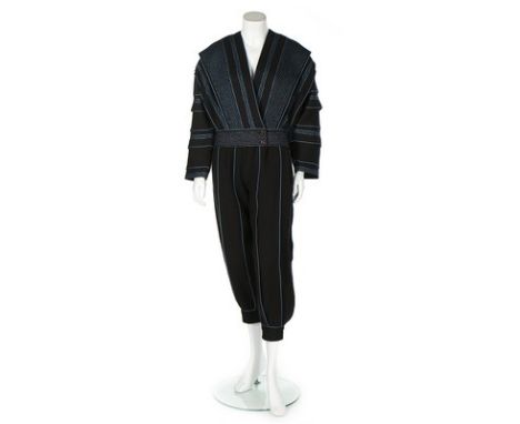 A good Issey Miyake blue and black woven wool ensemble, 1983, square white on burgundy label, the voluminous 'Samurai' jacket